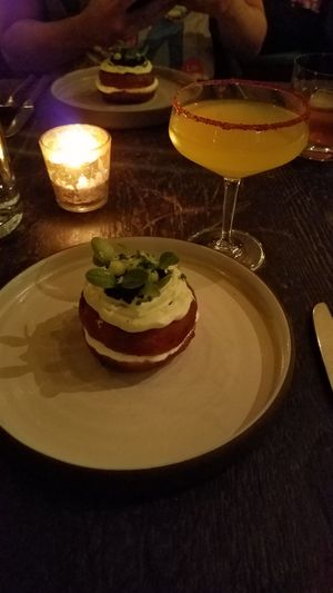 Donut with cucumber fraiche and seaweed caviar at Dirt Candy in New York City