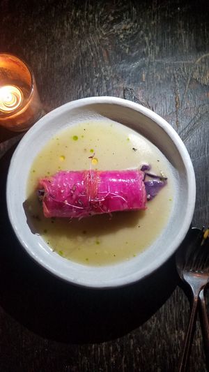 Braised Napa cabbage wrapped in pickled cabbage at Dirt Candy in New York City