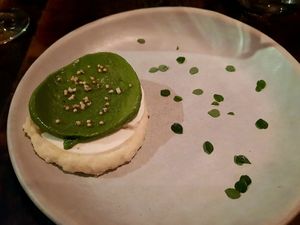 Dessert: mustard greens sorbet, meringue, grits, and caramelized apples at Dirt Candy in New York City