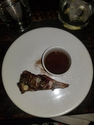 SECOND COURSE -

mushroom mousse crêpe cake, bing cherry jam, grilled portobellos, mushroom tea at Dirt Candy in New York City