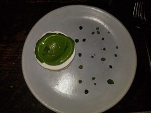 FIFTH COURSE - MUSTARD GREENS

whipped grits, caramel apples, mustard greens sorbet at Dirt Candy in New York City