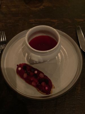 Sorry, I was thinking of other things, like eating this beet eclair and gorgeous beet broth at Dirt Candy in New York City