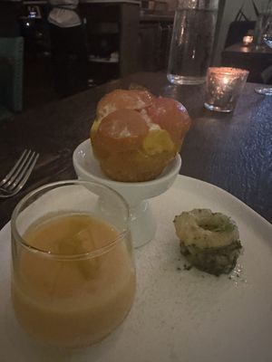 Tomato cupcake with gazpacho and tomatillo crisps  at Dirt Candy in New York City