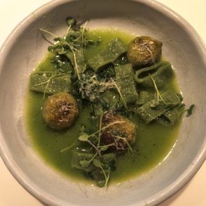 arugula calamarata and "meatballs" at Dirt Candy in New York City