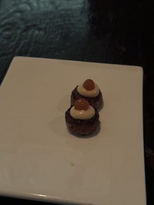 Winter “tater tot” with guava ketchup (complimentary snack from the kitchen, not on the set menu)  at Dirt Candy in New York City