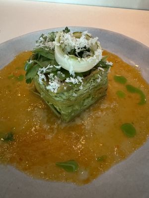 Asparagus lasagna with vegan pecorino  at Dirt Candy in New York City