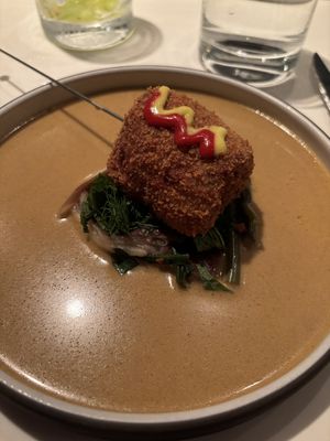 Eggplant corn dog. I don’t normally describe things as disgusting but this was. Inexcusable for a Michelin starred restaurant   at Dirt Candy in New York City
