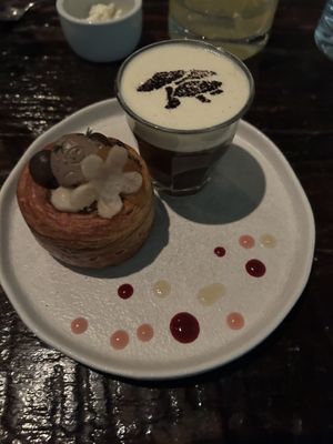 Mushroom croissant and latte  at Dirt Candy in New York City