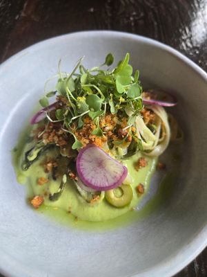 green beans and noodles - tasty but not my favorite compared to the other dishes at Dirt Candy in New York City