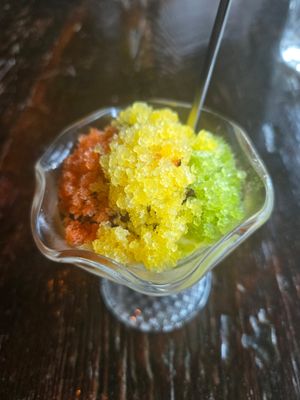 bell pepper shaved ice with whipped ricotta and blueberry sorbet - the bell pepper shaved ice was weird and not my favorite but everything else was soo good at Dirt Candy in New York City