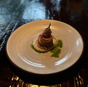 Eggplant tempura on baba ganoush at Dirt Candy in New York City