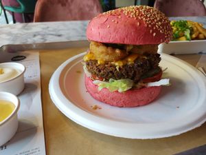 Rumbly in your rumbly delight. Love the addition of onion rings and very nice vegan cheese. lil expensive at Vegan Heroes in Eindhoven