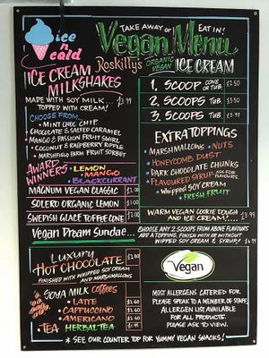Vegan menu board at Ice N Cold in Brean