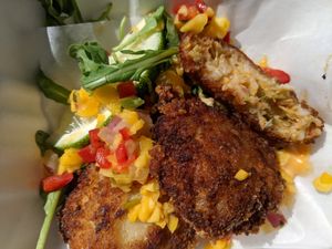 crispy artichoke cakes with corn salsa at Plantitude in Ladysmith