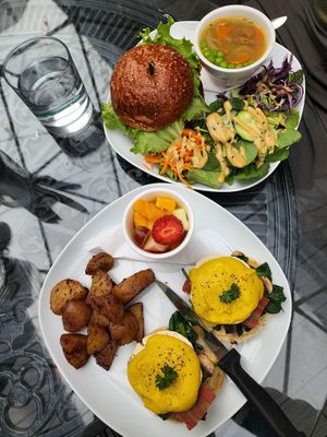 Plantitude Benny ($19) and Crispy Chikin Bacun Burger ($24)  :) at Plantitude in Ladysmith