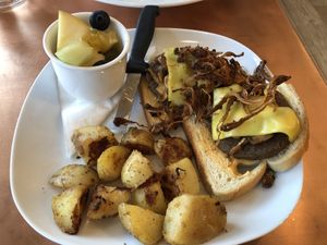 Sausage mushroom breakfast sandwich on white toast instead of an English muffin.   at Plantitude in Ladysmith
