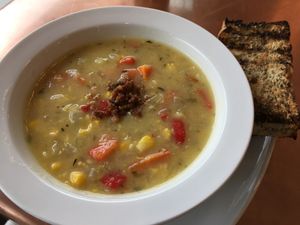 Corn chowder with a sprinkle of smokey bacon. at Plantitude in Ladysmith