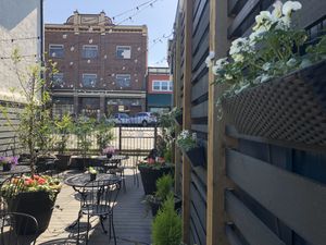 Plantitude’s patio looking out onto Ladysmith historic Main Street. at Plantitude in Ladysmith