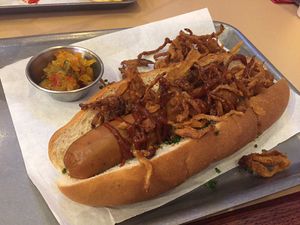 Vegan Hotdog with Onions at Bath St. Burger in Glasgow