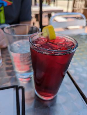 Jasmine green hibiscus iced tea and water at High Note Cafe in Boise