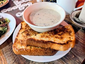 Bowl of Cream of Mushroom Soup with Housemade Bread at High Note Cafe in Boise