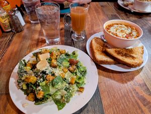Caesar Salad, Spicy Chickpea Stew, and Hot Apple Cider at High Note Cafe in Boise