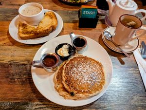 Cup of Cream of Oyster Mushroom Soup, Half-stack of Blueberry Pancakes, and Hot Tea at High Note Cafe in Boise