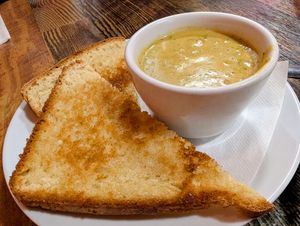 Cup of Cheddar Veggie Soup with Grilled Housemade Bread at High Note Cafe in Boise