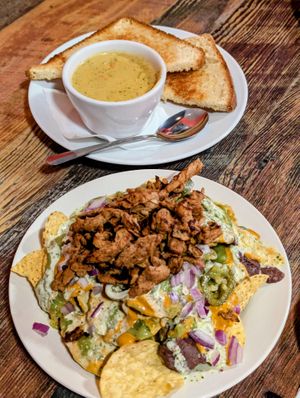 Nachos with Steak and Cup of Cheddar Veggie Soup at High Note Cafe in Boise