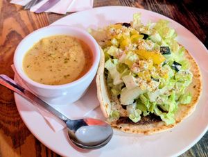 Gyro (no red onion) with Cheddar Veggie Soup at High Note Cafe in Boise
