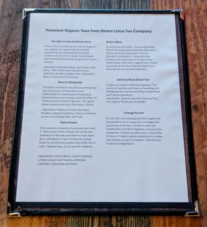 The new hot tea menu as of 08 February 2025. at High Note Cafe in Boise