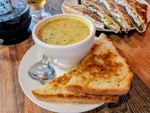 Cup of Cheddar Veggie Soup, Black Bean Quesadilla, Orange Pu-erh Tea at High Note Cafe in Boise
