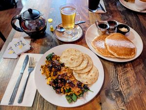 Scramble, sans onions, with corn tortillas; Blueberry Pancakes, half stack; Jasmine Rose Green Tea at High Note Cafe in Boise