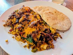 Scramble, extra spicy, with Corn Tortillas at High Note Cafe in Boise