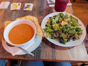 Bowl of Tomato Basil Soup and Caesar Salad at High Note Cafe in Boise