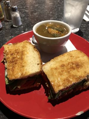 Pesto sandwich and potato veggie soup!  at High Note Cafe in Boise