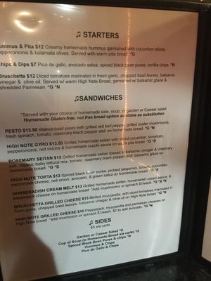 One page of menu  at High Note Cafe in Boise