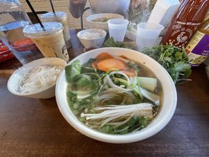 Vegan Iced Ca Phe. Tofu pho with extra veggies and extra noodles  at Viet-Nomz in Orlando