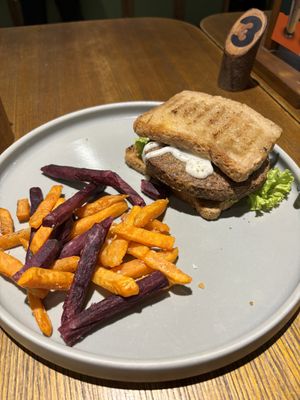 Mighty Mushroom Burger on gluten-free bread, add-on sweet potato fries   at Burgreens - Menteng in Jakarta