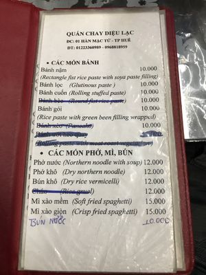 Menue  at Phuong Nam Quan Chay in Hue