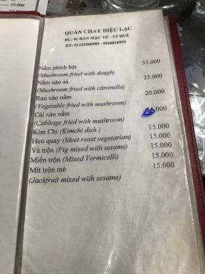 Menue at Phuong Nam Quan Chay in Hue