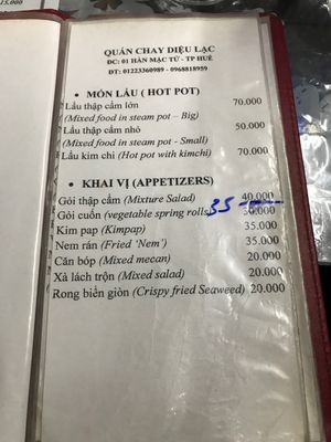 Menue at Phuong Nam Quan Chay in Hue