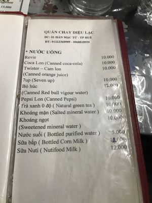 Menue  at Phuong Nam Quan Chay in Hue