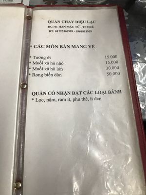 Menue at Phuong Nam Quan Chay in Hue