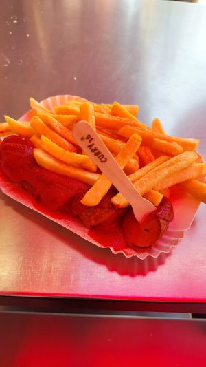 Vegan Currywurst with fries at Curry 36 in Berlin