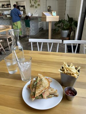 Caprese melt with vegan bacon, fries and lavender lemonade. All wonderful!   at Verdine in Houston