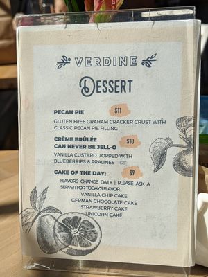 Desserts menu at Verdine in Houston