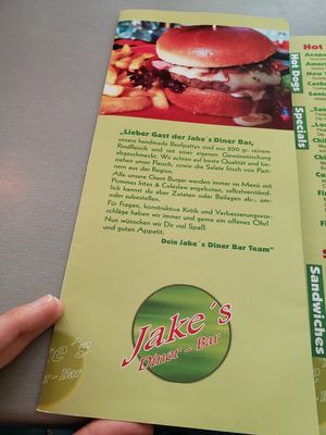 Menu cover at Jake's Diner Bar in Stuttgart