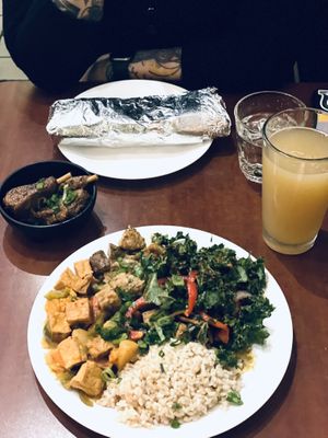 3 item plate, burrito, and great notion brewing pint #Veganuary at Good Karma Artisan Ales & Cafe in San Jose