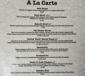 A la Carte menu at Good Karma Artisan Ales & Cafe in San Jose